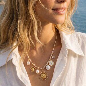 18K Gold Plated Stainless Steel Boho Sun Moon Faux Pearl Charm Pendant Necklace